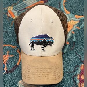Patagonia Fitz Roy Bison Trucker Hat adjustable back W/cotton front, beige brim